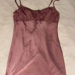 Lace Trim Satin Chemise in Mauve mini dress